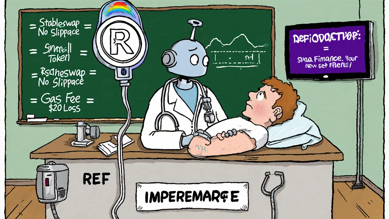 A robot doctor treating a crypto user with a REF token IV, surrounded by charts and tools labeled &#039;Impermanent Loss&#039;.