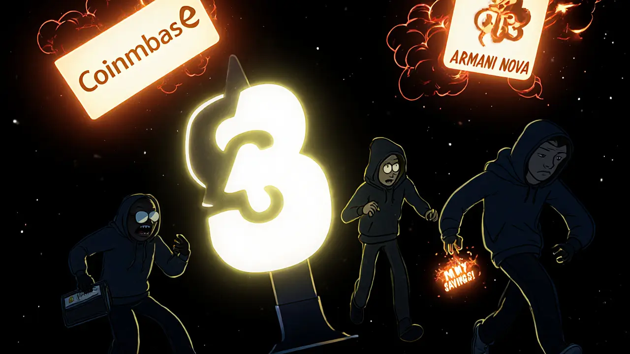 A safe Coinbase logo glows as scam sites explode into smoke behind fleeing users.