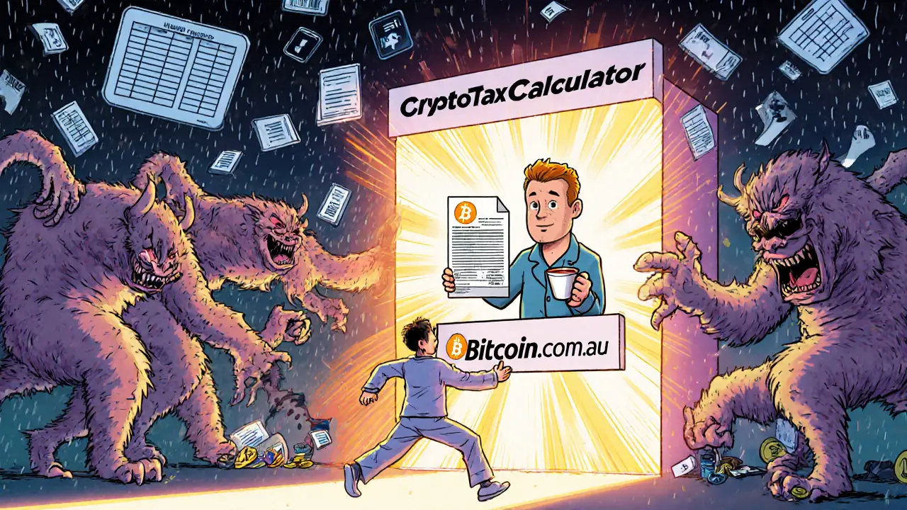 A sleep-deprived person escaping tax demons through Bitcoin.com.au&#039;s tax export feature, helped by a friendly Aussie with a tea mug.