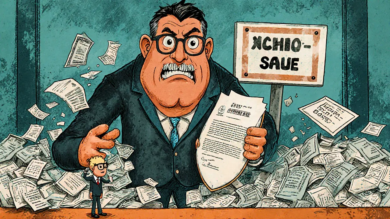 A tiny lawyer in a Swiss suit defends a &#039;No-Action Letter&#039; against giant regulators amid chaotic paperwork.