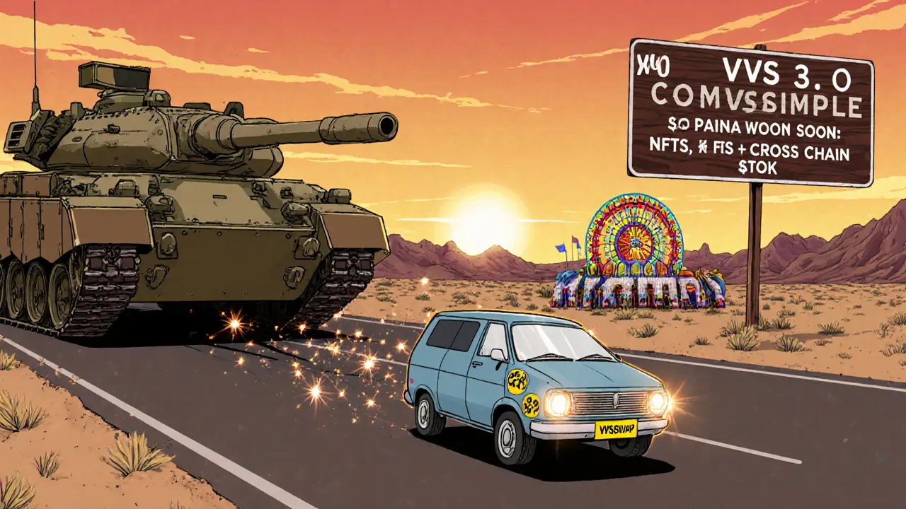 A tiny van labeled &#039;VVS Finance&#039; zooms past giant rivals Uniswap and PancakeSwap on a desert highway, leaving fee sparks behind.