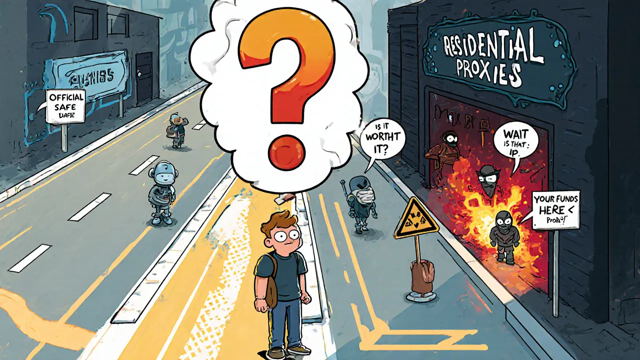A trader at a crossroads between safe official APIs and a dangerous proxy alley filled with exploding wallets and fraudsters.