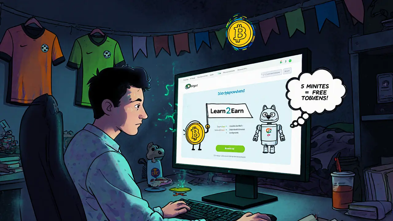 Gamer on computer with SCH token and robot dog, Bitget Learn2Earn screen glowing.