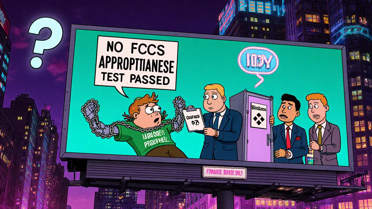 Investor dragged by chains labeled &#039;No FSCS Protection&#039; as FCA officer checks clipboard.