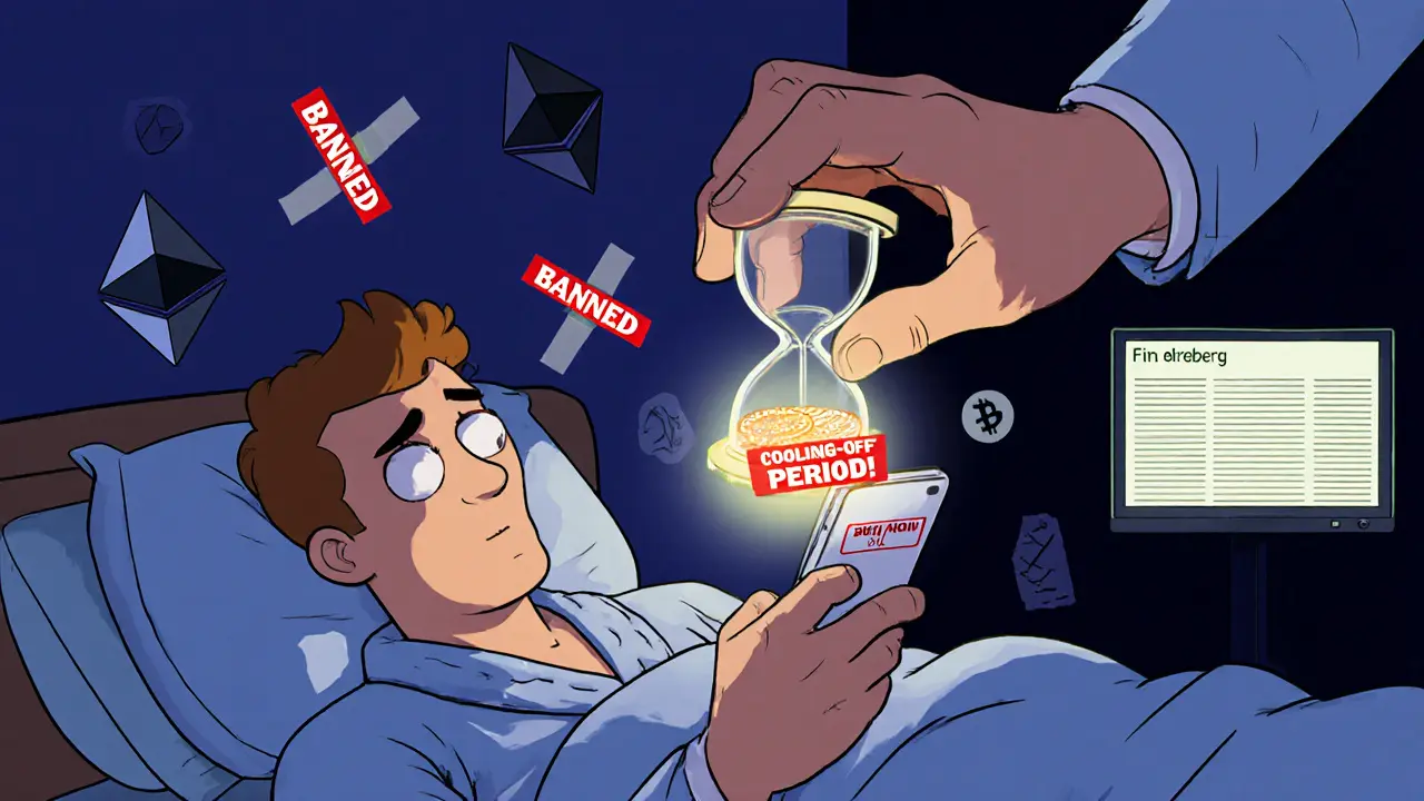 Man clicking crypto buy button as a giant hourglass blocks his screen with cooling-off timer.