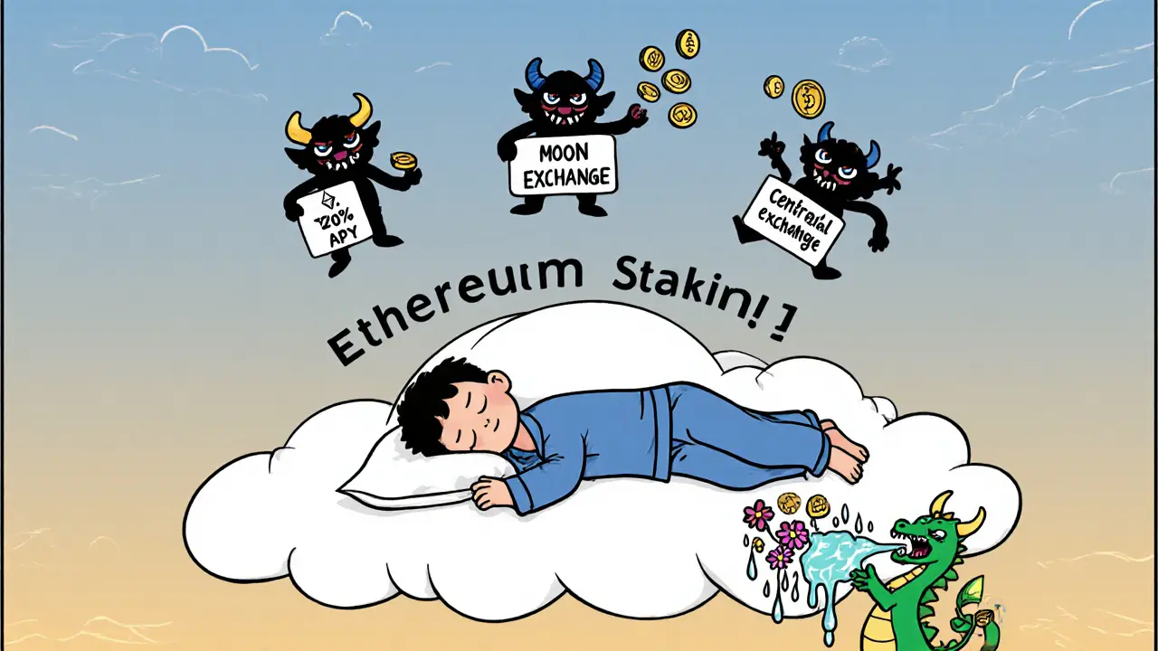 Sleeping staker on Ethereum cloud, chased by Tron, MoonBull, and exchange demons.