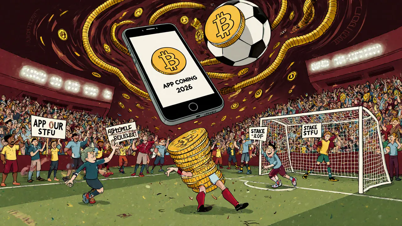 Soccer field made of SCH tokens, Bitcoin ball, giant mobile phone hovering above.