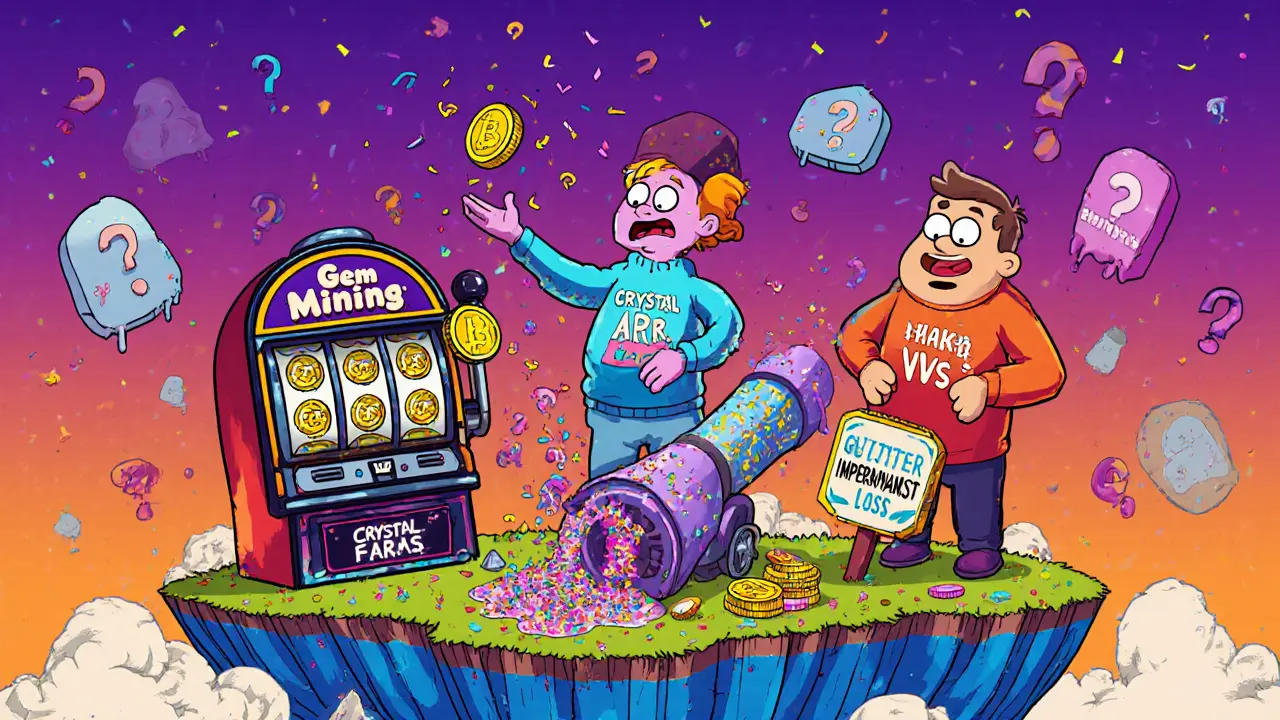 Three cartoon characters staking crypto tokens on a floating island, one using a slot machine, another a glitter cannon, and a third holding a melting &#039;Impermanent Loss&#039; sign.
