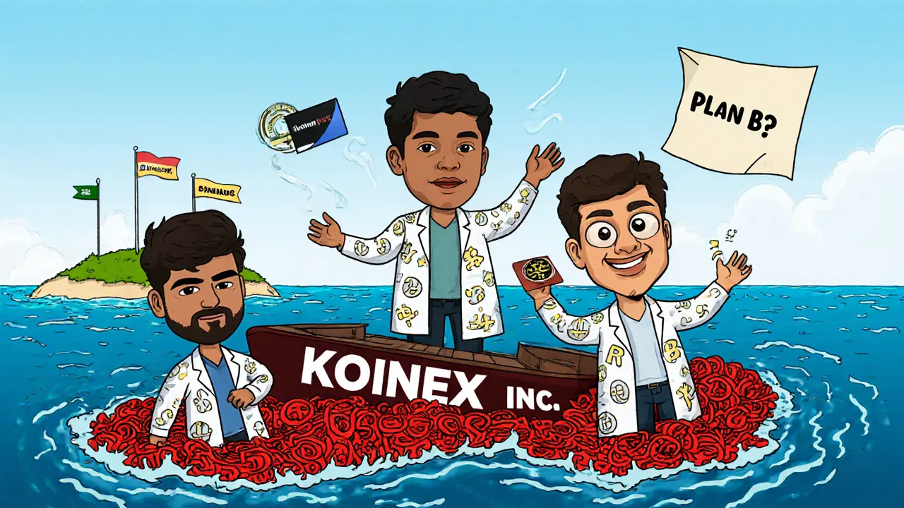 Three founders on a sinking ship labeled Koinex, drowning in RBI circulars