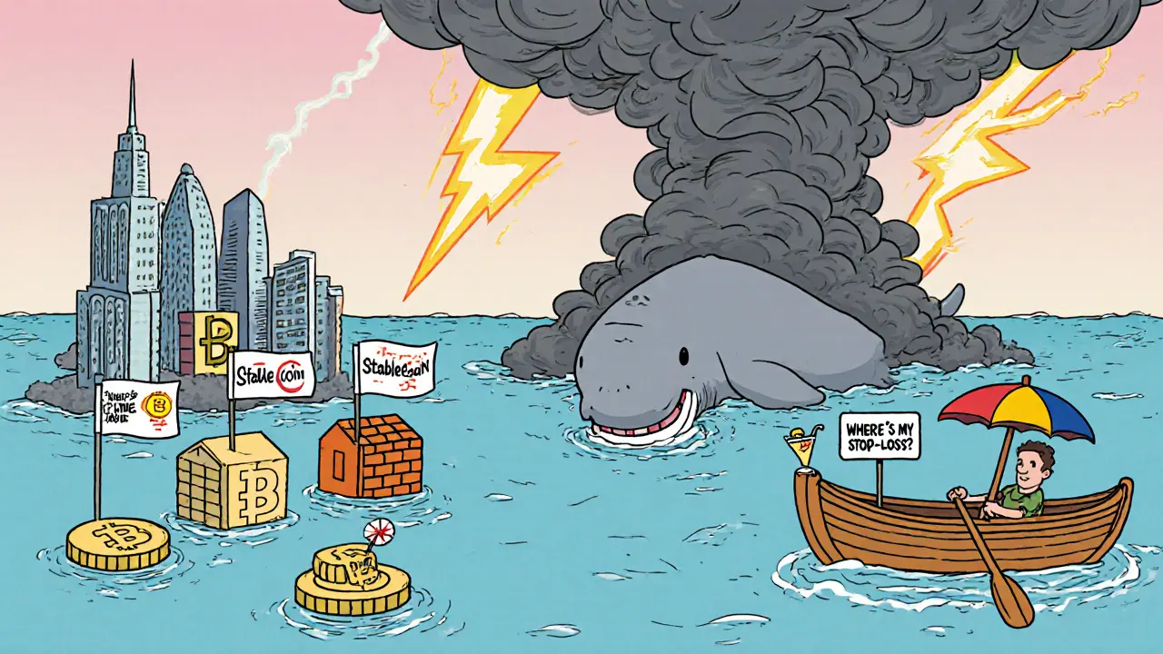 Tokenized assets float peacefully as a stormy Bitcoin looms over a lone trader