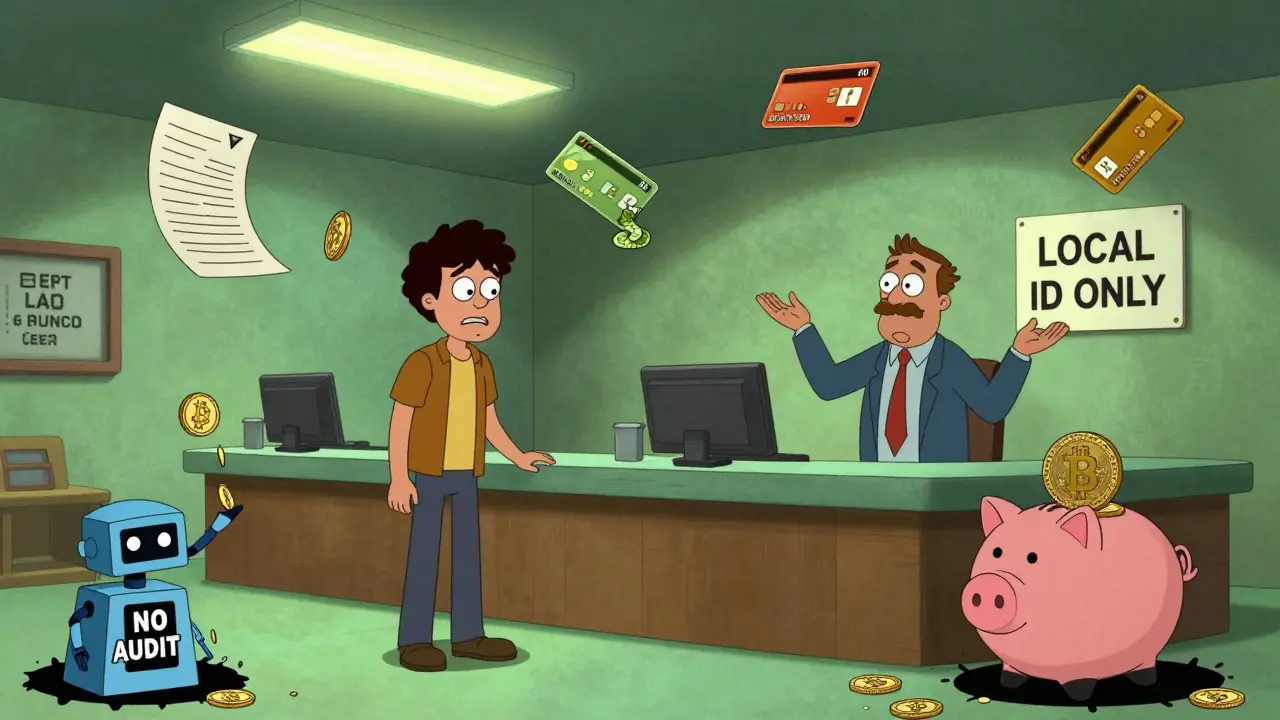 A bizarre crypto bank with floating debit cards and a confused international user turned away.