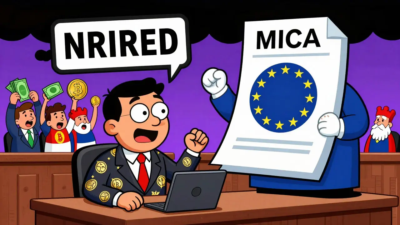 A cartoon CEO argues with a giant EU regulator surrounded by Eastern European supporters.