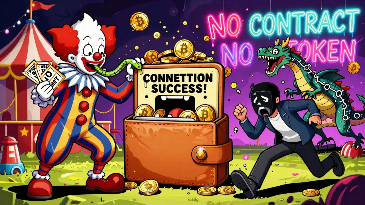 A chaotic crypto carnival with clowns giving out toxic tickets and a user being chased by a phishing-link dragon.