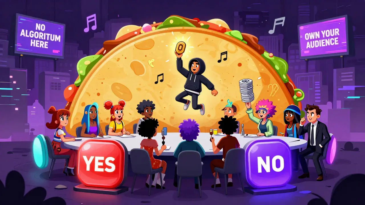 A chaotic Discord taco server where fans vote on art using glowing buttons in a glitchy city.