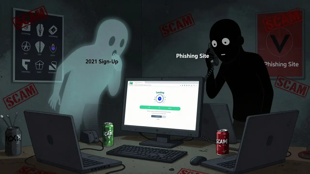 A cluttered room with a dead Xion Finance website on a monitor, a fading sign-up ghost, and a scammer whispering on the phone.