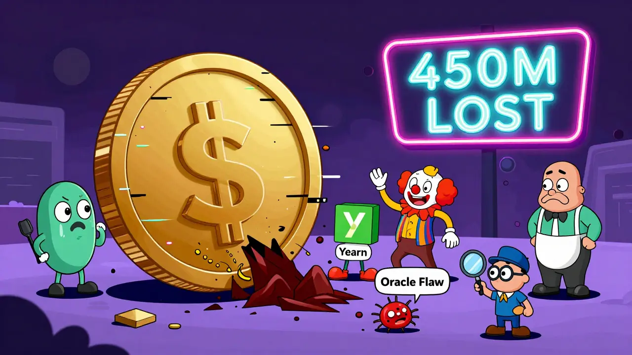 A collapsing Terra Luna coin dragging down comical DeFi apps in a chaotic scene, with a detective spotting a hidden exploit.