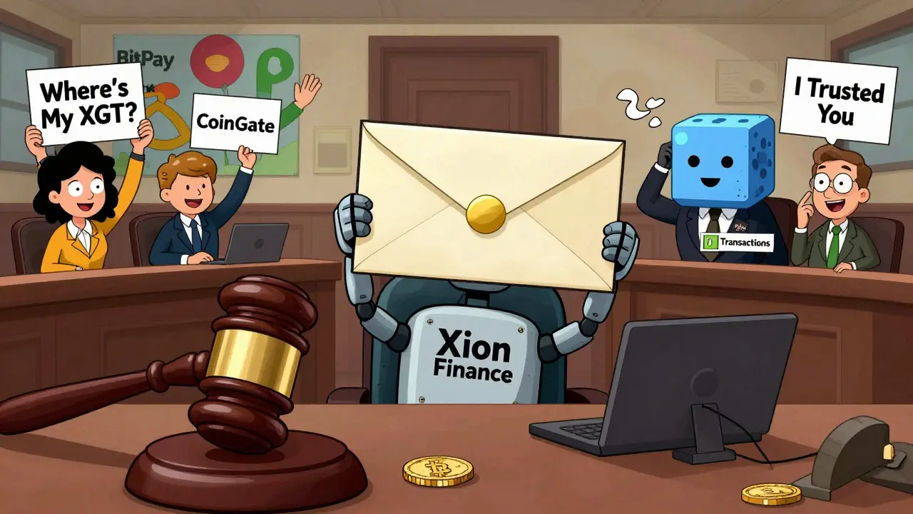 A courtroom trial with a dead robot labeled &#039;Xion Finance&#039; on trial, surrounded by users holding &#039;Where’s My XGT?&#039; signs.