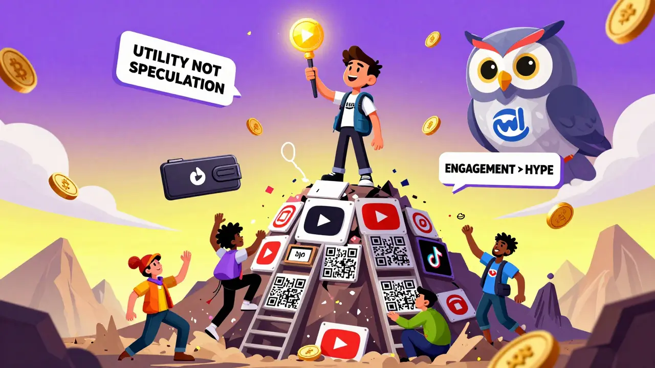 A creator standing on crumbling social media logos, holding a token scepter as fans climb a QR code ladder.