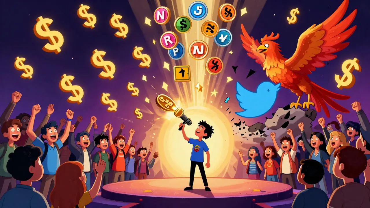 A creator with a giant token transforms fans into dollar signs as Twitter crumbles and a blockchain phoenix rises.