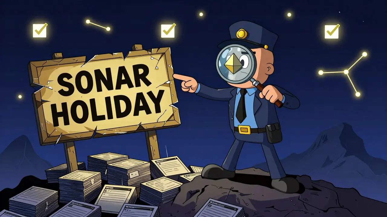 A detective points at a collapsing fake airdrop sign while real projects glow in the distance.