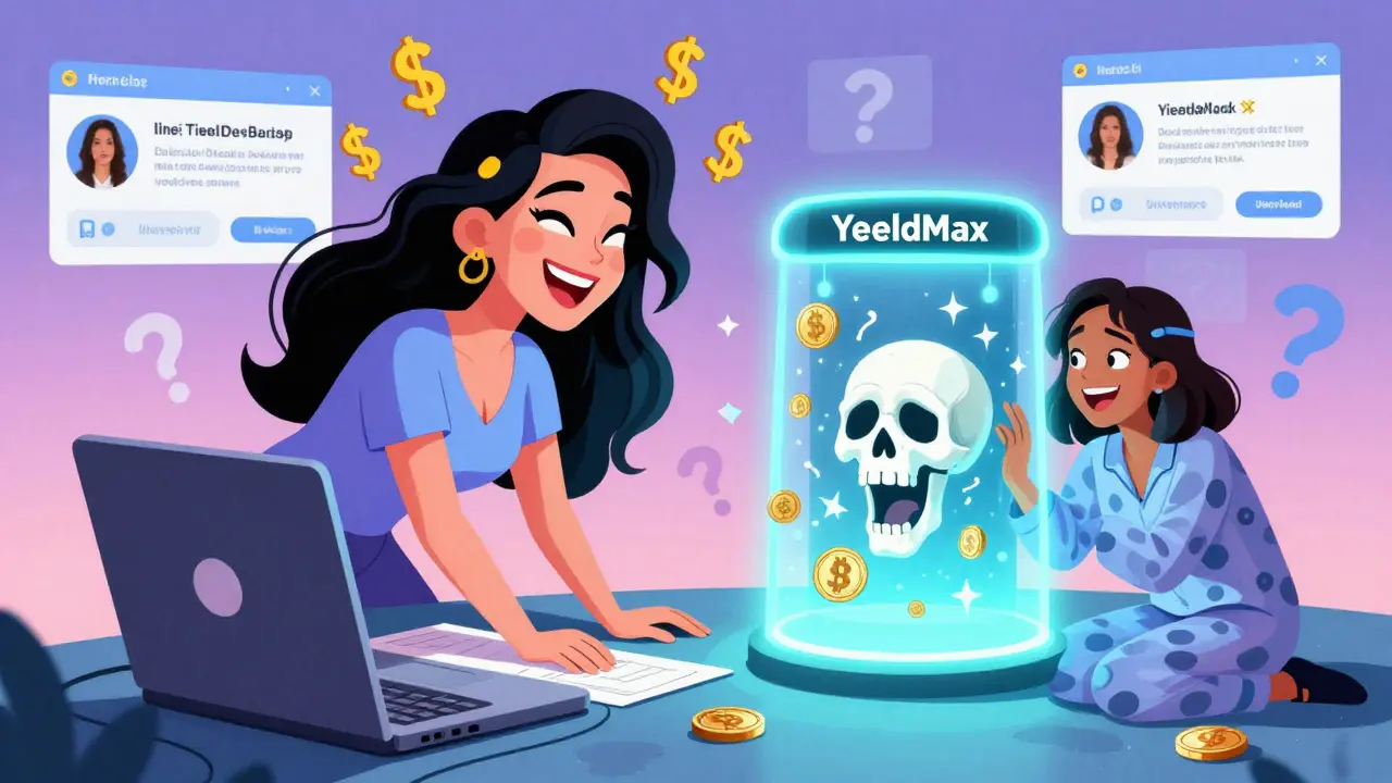 A fake influencer lures a victim into a crypto scam through a dating app, with a portal turning into a skull.