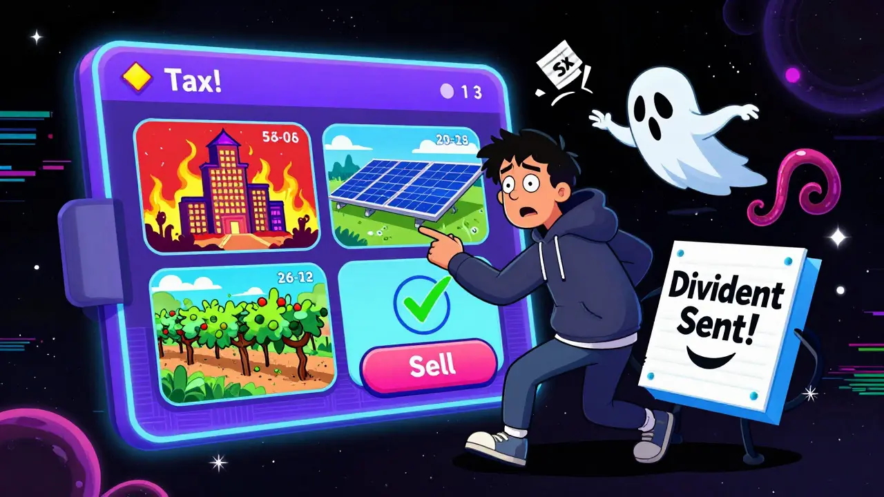 A floating wallet app showing fractional shares as a confused person is chased by tax forms and a smiling smart contract.