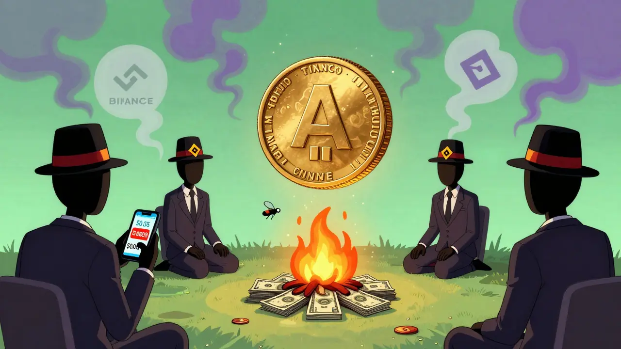A giant AZ coin above a tiny bonfire with conflicting price tags, watched by indifferent figures, smoke forming Binance and Coinbase ghosts.