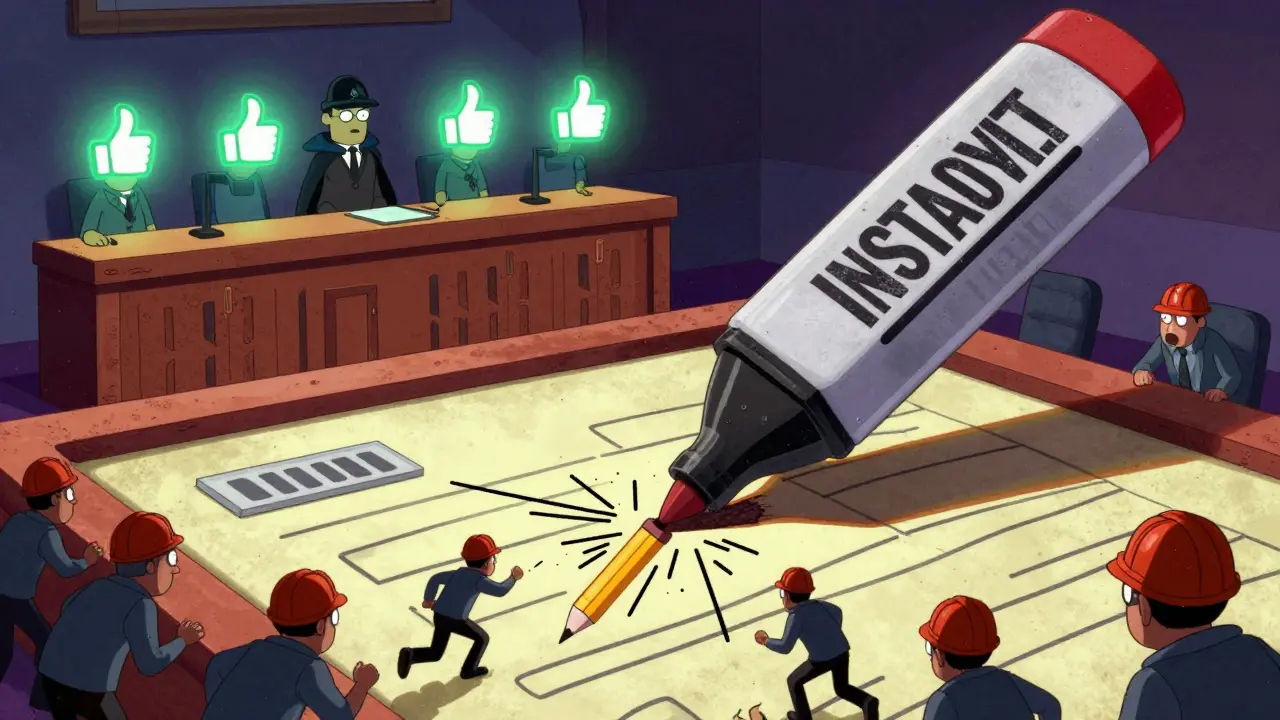 A giant indelible marker erases a pencil-drawn blockchain transaction while validators vote in a block-shaped courtroom.