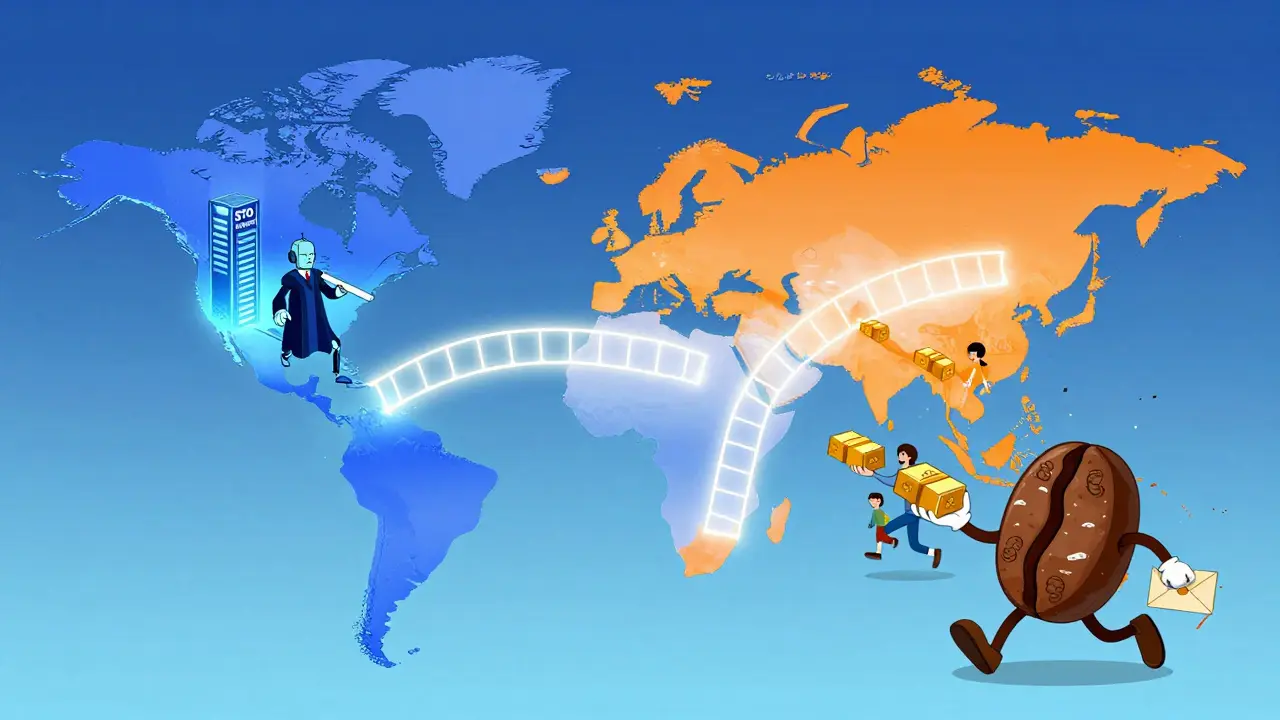 A global map with glowing blockchain bridges connecting North America and Asia, where robots and ninjas distribute tokenized assets.