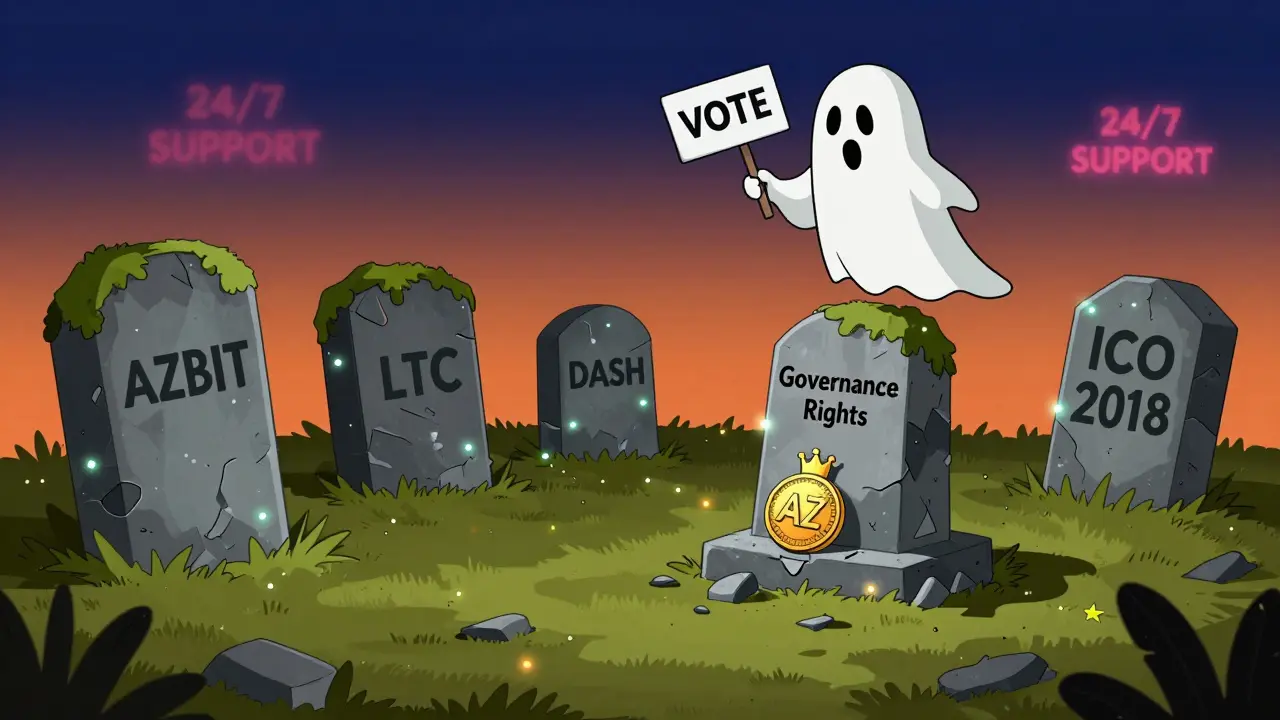 A graveyard of failed crypto coins with a lonely AZ token wearing a crown, floating above a crumbling &#039;Governance Rights&#039; monument.
