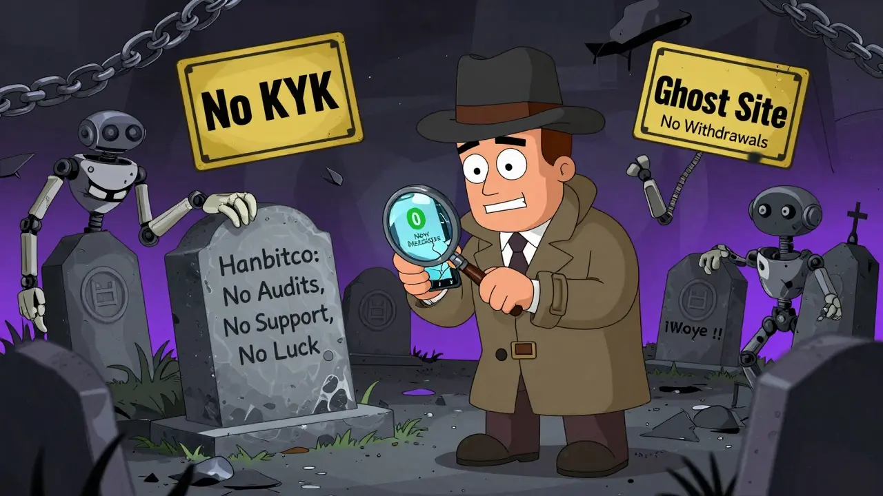 A graveyard of failed crypto exchanges with a tombstone for Hanbitco and warning signs floating nearby.