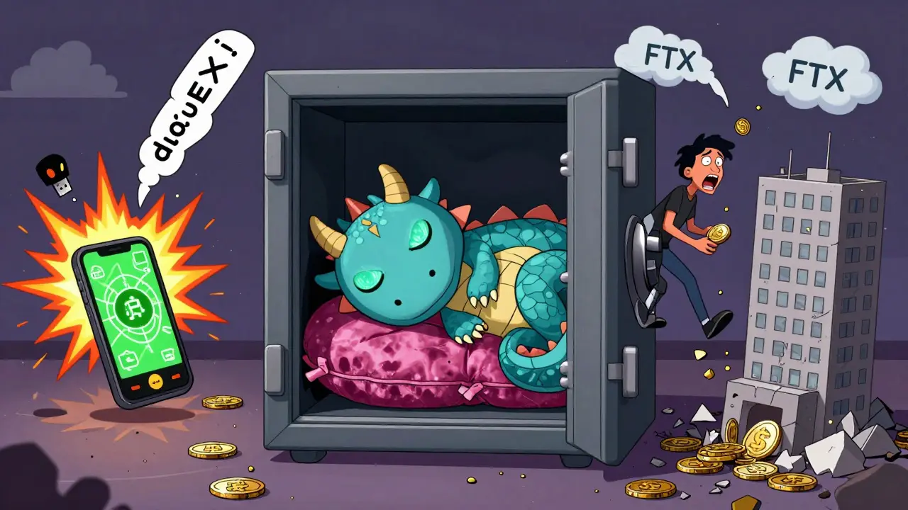 A hardware wallet dragon sleeping safely in a safe, surrounded by chaos from lost keys and exchange failures.