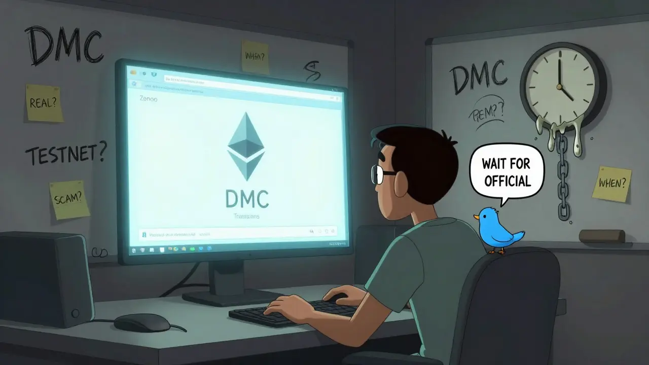 A lonely developer surrounded by chaotic whiteboards and a blockchain screen showing zero DMC transactions, a tiny verified bird whispering advice.