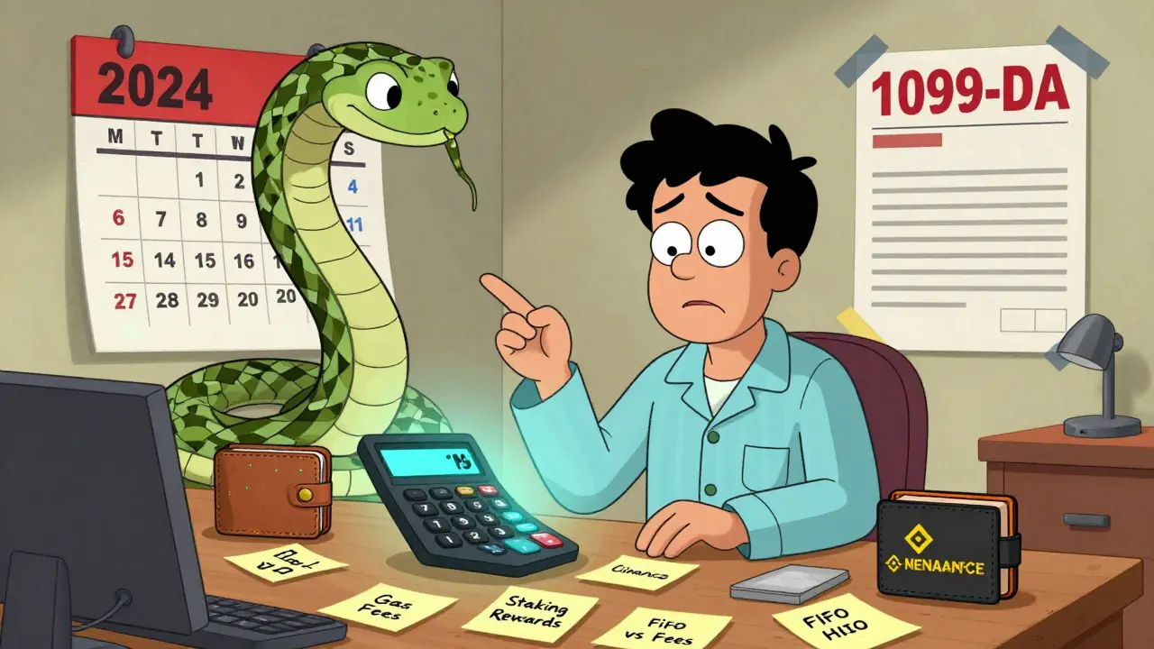 A man surrounded by arguing crypto wallets and chaotic tax notes under a growing blockchain snake.