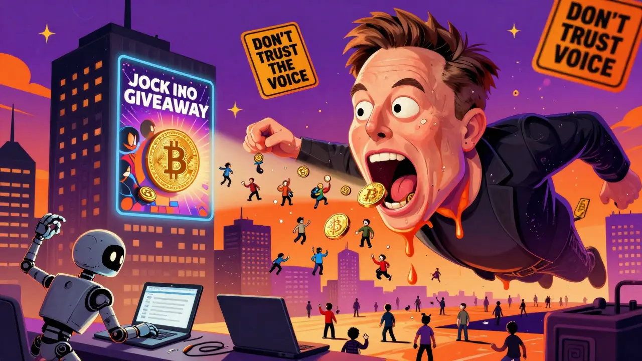 A melting AI Elon Musk projects a fake Bitcoin giveaway while people send crypto into his mouth.