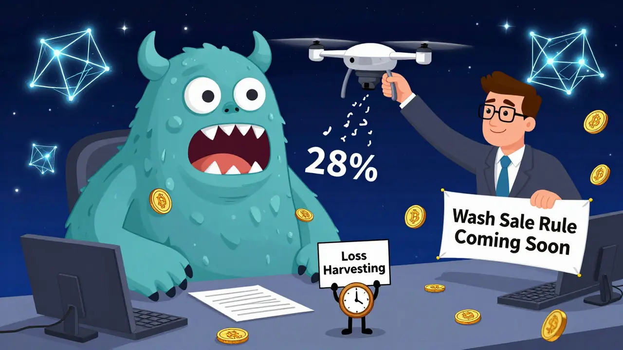 A person facing a monstrous NFT tax creature while an IRS drone traces blockchain trails.