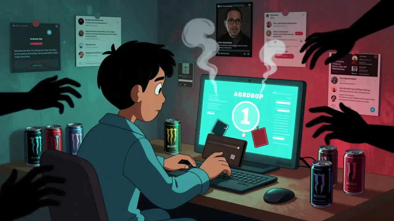 A person in pajamas being drained by a scam airdrop screen, surrounded by fake claims.