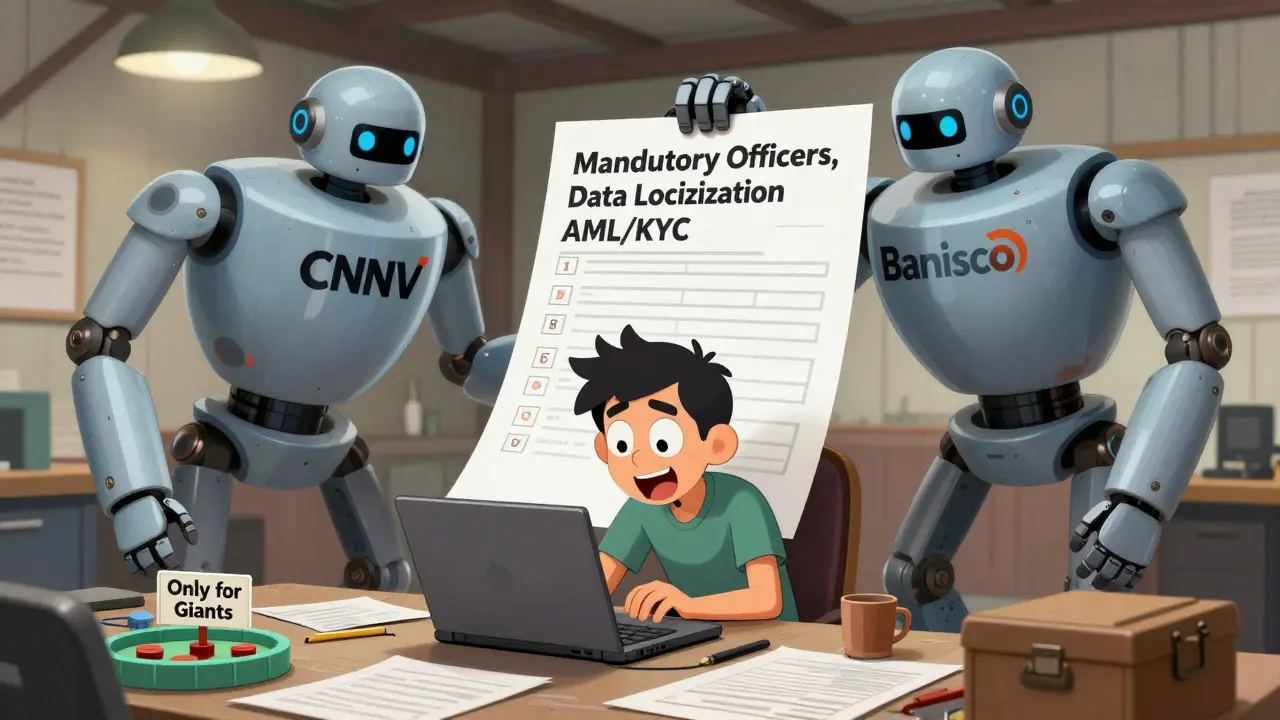 A small startup founder overwhelmed by bureaucratic robots in a garage office.