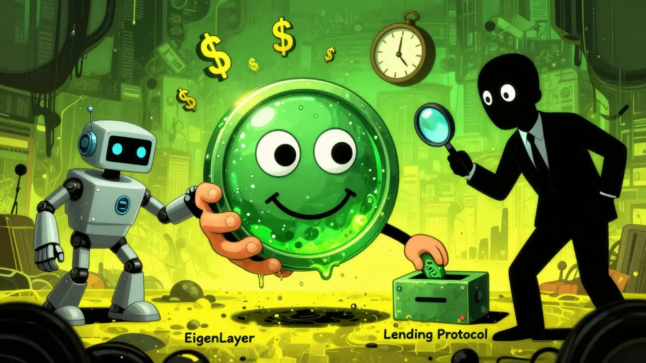 A smiling liquid token being passed between robots and a shadowy SEC figure in a chaotic financial scene.