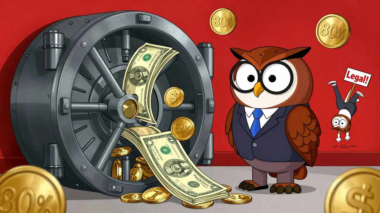 A surreal US Treasury machine producing stablecoins, with dollar bills feeding into a system overseen by a Federal Reserve owl.