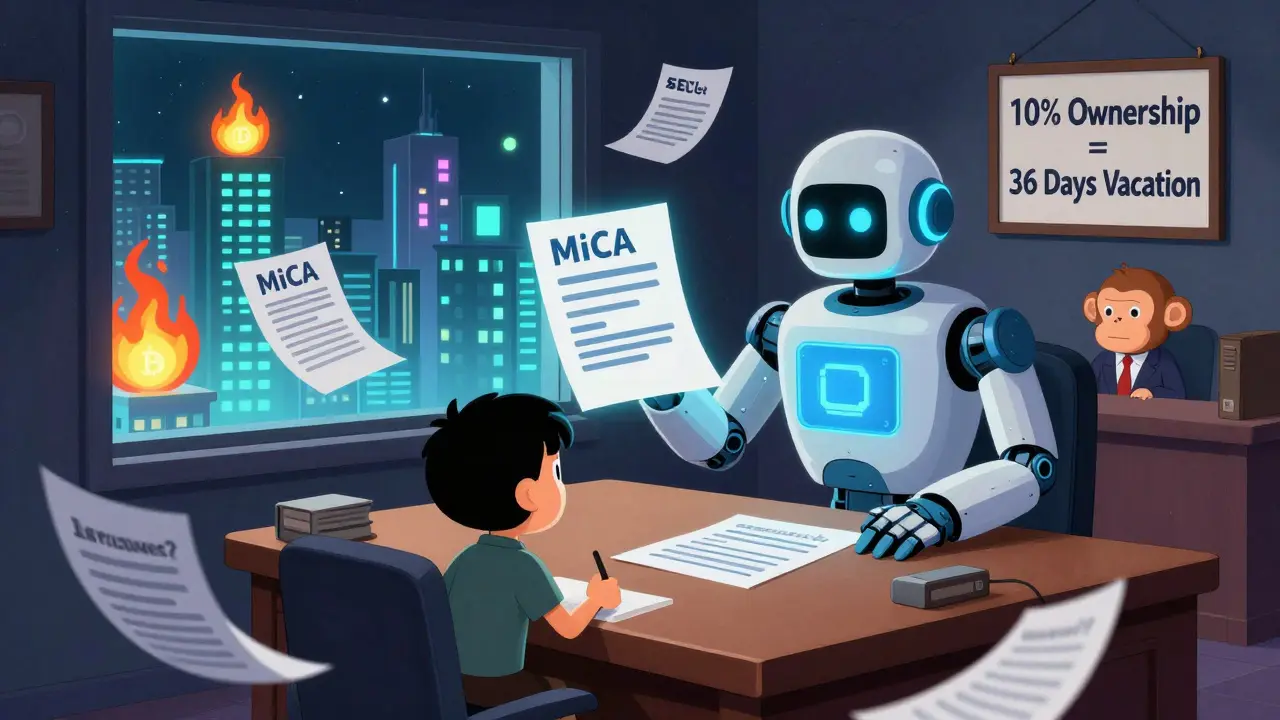A tiny homeowner arguing with a giant smart contract robot in a surreal courtroom, surrounded by floating legal documents and glowing tokenized properties.