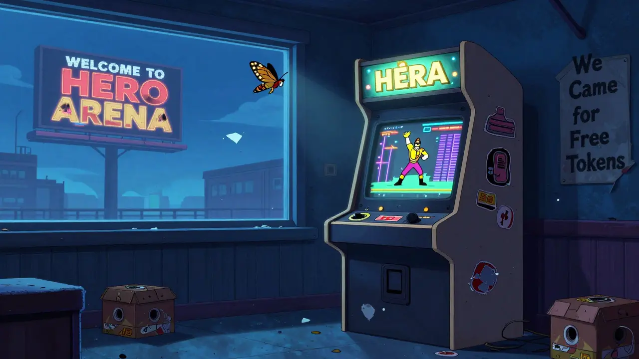 An abandoned Hero Arena arcade cabinet flickers alone in an empty game center, a moth drawn to its dying glow.