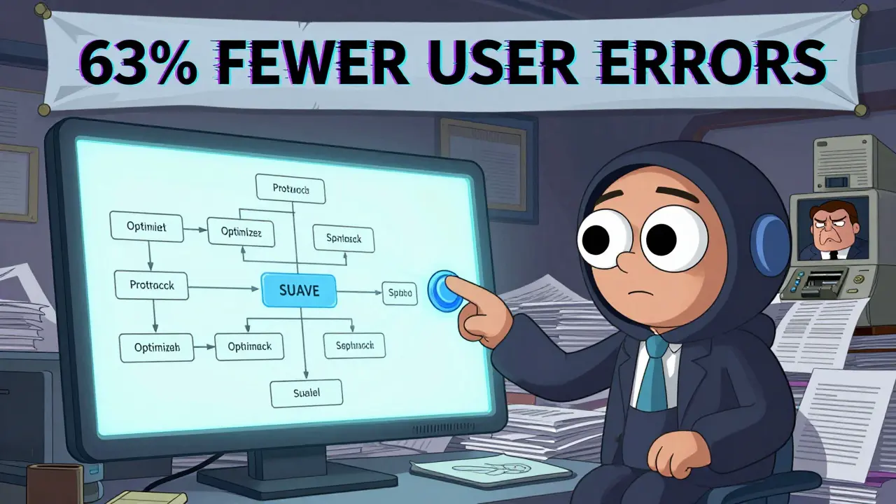 An AI assistant named SUAVE simplifies a chaotic yield farm into a clean flowchart while a frustrated banker is buried in paperwork.