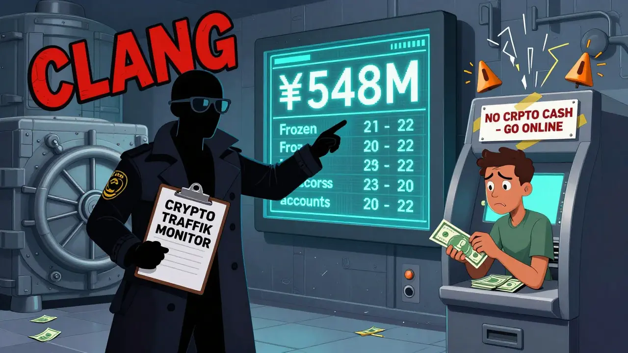 An EFCC agent points at a ledger showing millions frozen, while a man tries to use a crypto-blocked ATM.