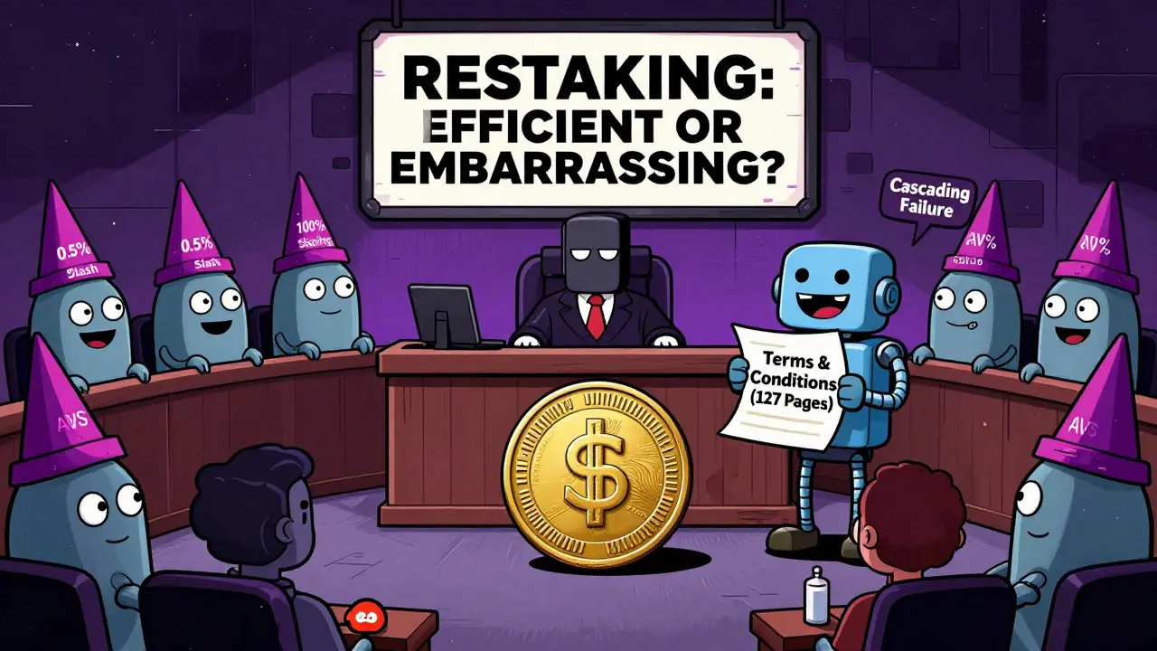 An Ethereum coin on trial before a blockchain judge, surrounded by AVSs in dunce caps and a giant contract scroll.