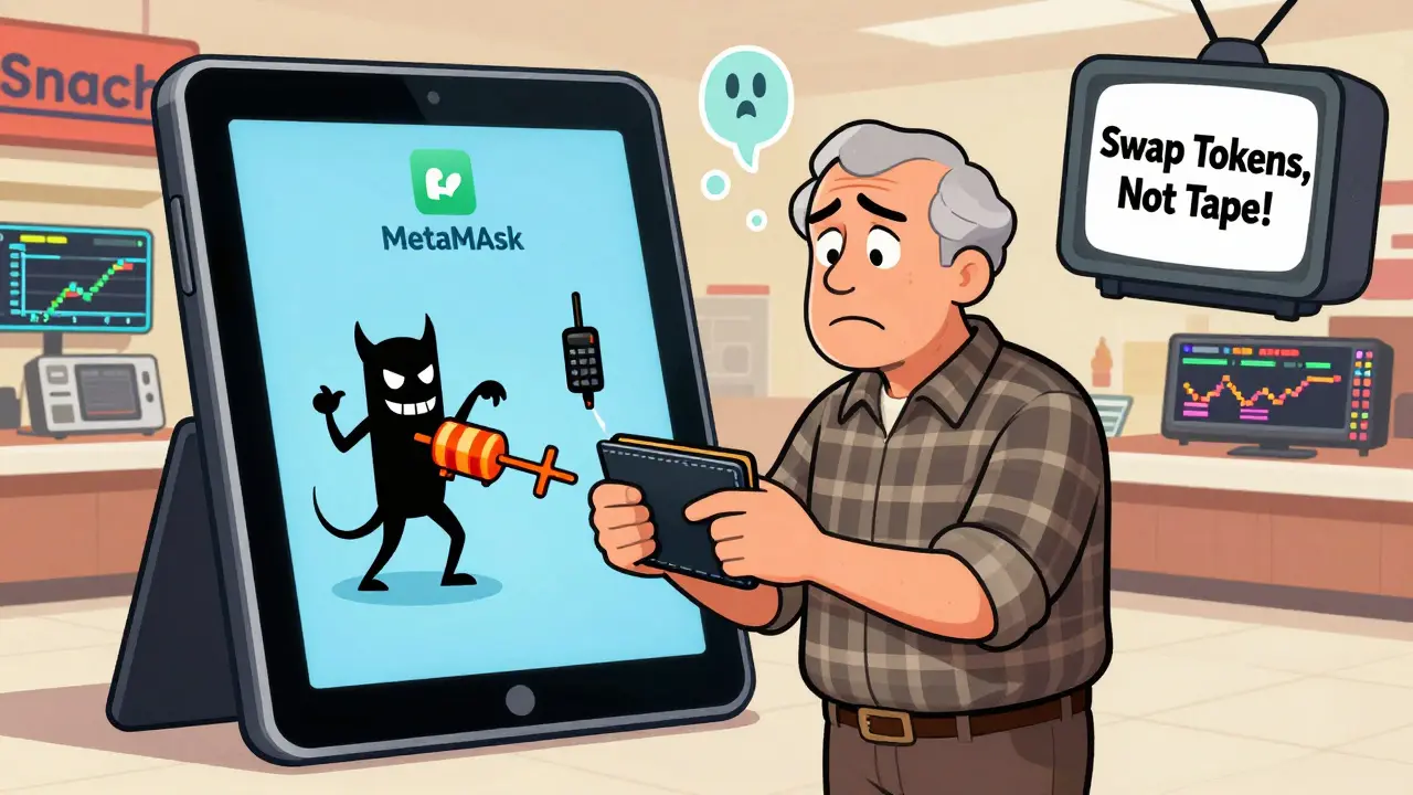 An older man confusedly connecting a crypto wallet at a RadioShack store as cartoon crypto demons tug at his wallet.