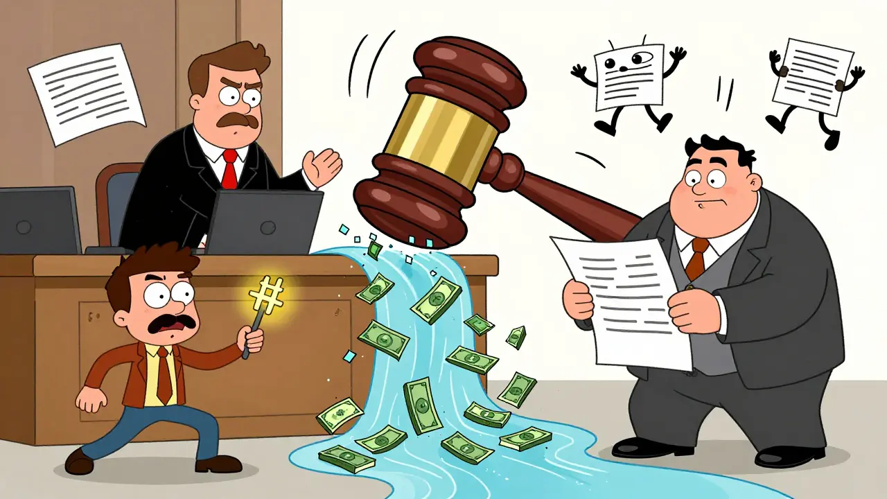 Cartoon courtroom with a judge using a blockchain gavel, a dissolving paper document, and dancing smart contracts.