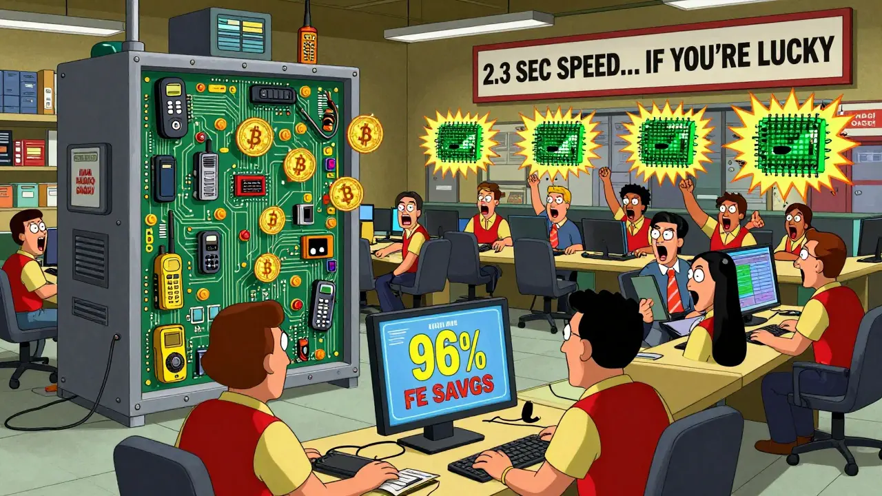 Chaotic warehouse crypto machine made of old electronics spitting out tokens while users face failed trades.