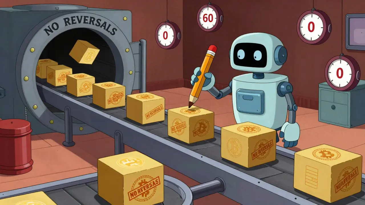 Crypto blocks zip down a conveyor belt getting stamped final, as a confused Bitcoin robot tries to undo one with a pencil.