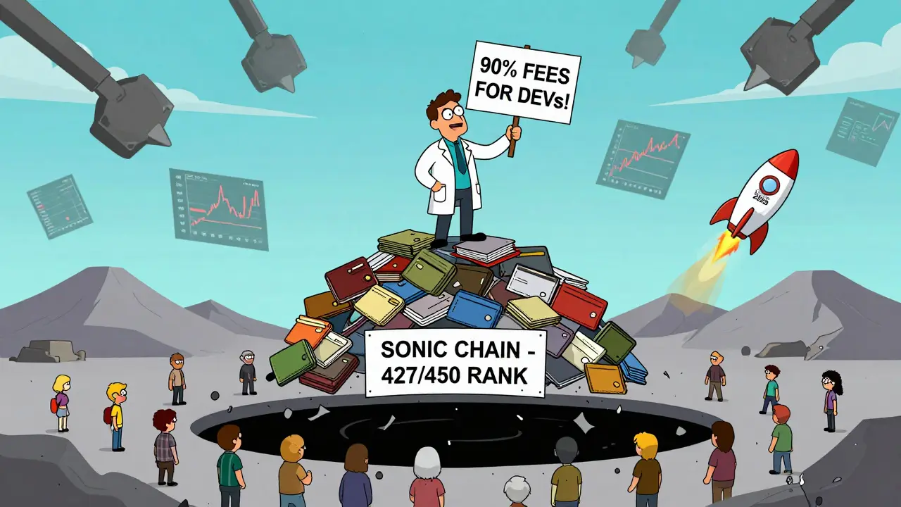 Developer on a mountain of failed wallets under a black hole labeled &#039;SONIC CHAIN - 427/450&#039;.